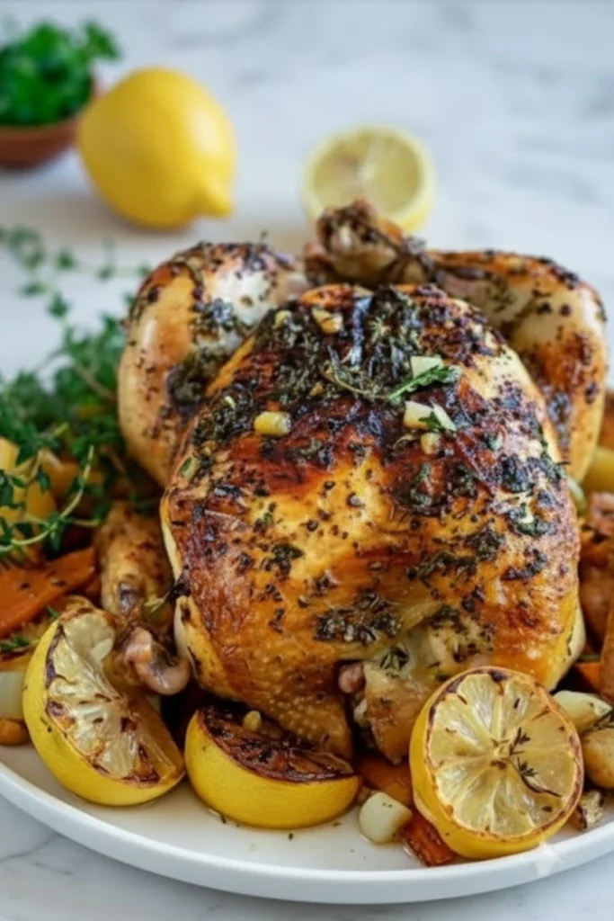 Slow cooker lemon garlic roast chicken with herbs and roasted lemon slices on a white plate.