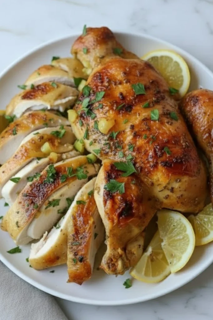 Sliced slow cooker lemon garlic roast chicken served with fresh parsley and lemon wedges on a white plate.