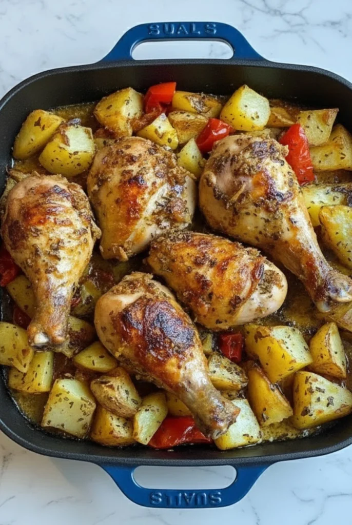 Golden-baked chicken drumsticks with crispy roasted potatoes and red peppers in a blue baking dish, seasoned with garlic, herbs, and olive oil.