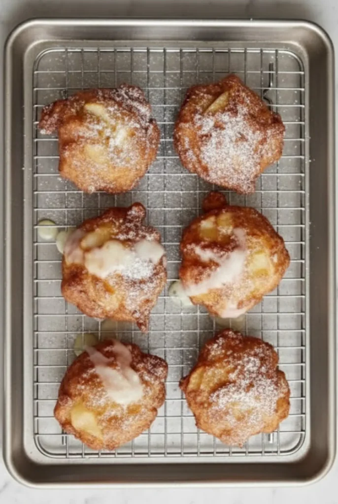 Golden-brown air fryer apple fritters on a cooling rack, topped with powdered sugar and drizzled vanilla glaze on a baking tray.