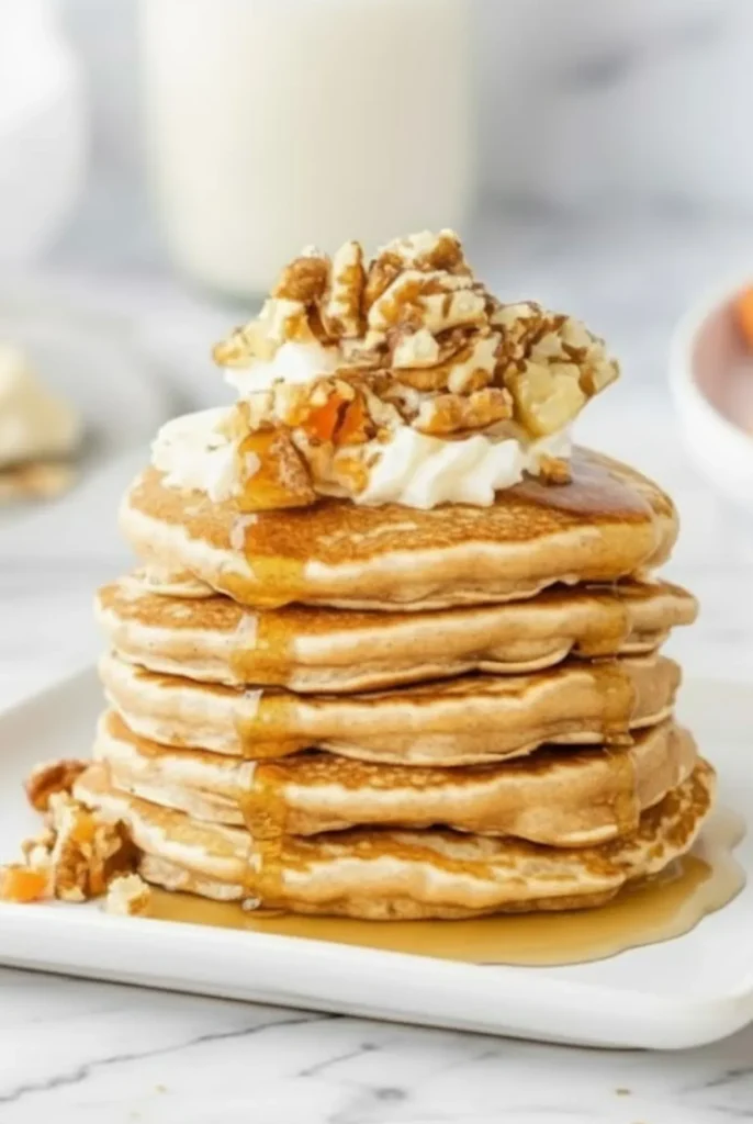 Stack of fluffy carrot cake pancakes topped with whipped cream, walnuts, and maple syrup on a white plate.