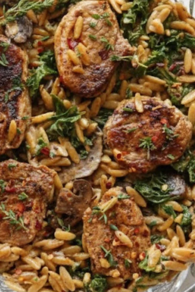 Close-up of creamy pork tenderloin medallions with orzo, spinach, and mushrooms in a flavorful garlic herb sauce.
