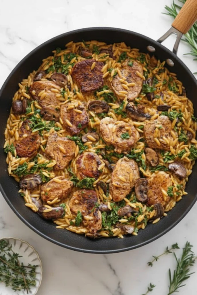 Creamy pork tenderloin medallions with orzo, spinach, and mushrooms cooked in one skillet for a flavorful 30-minute dinner.
