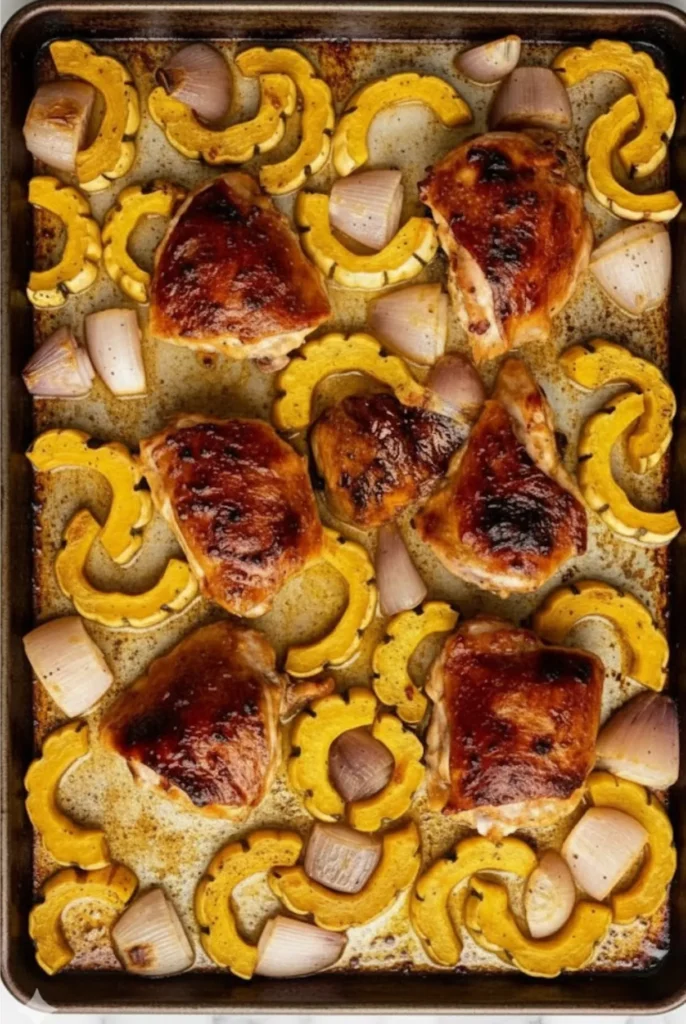 Miso-Honey Chicken with Delicata Squash roasted on a sheet pan with caramelized shallots and golden honey glaze.