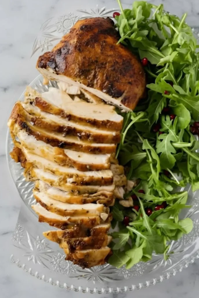 Slow Cooker Turkey Breast sliced and served on a platter with fresh arugula and pomegranate seeds, showing juicy, golden-brown turkey slices.