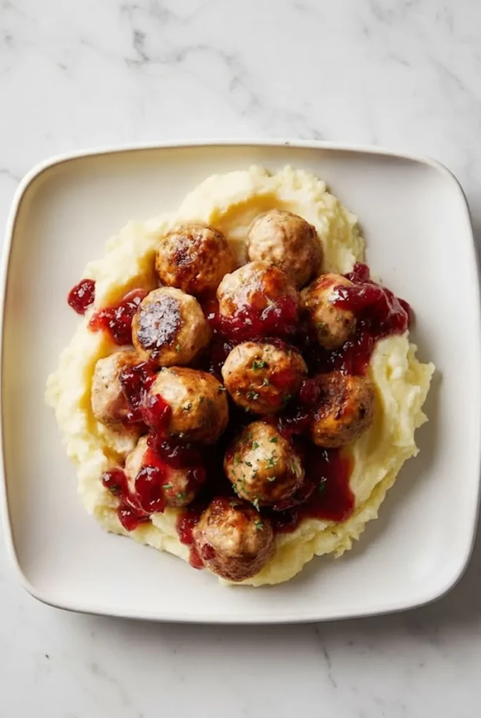 Cranberry-glazed turkey meatballs served over creamy mashed potatoes with cranberry sauce on a white plate for a cozy holiday meal.