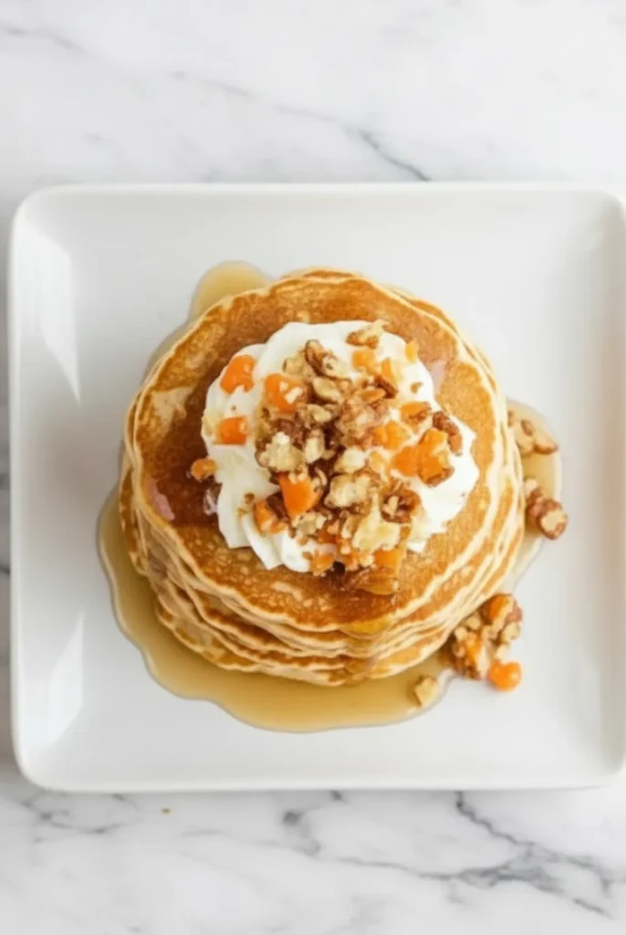 Overhead view of carrot cake pancakes stacked on a white plate with whipped cream, chopped walnuts, and maple syrup drizzle.