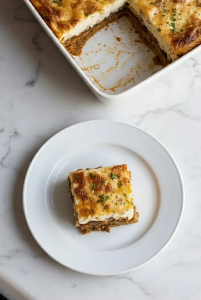 Slice of Traditional Greek Moussaka Served on a White Plate with Creamy Béchamel and Meat Layers