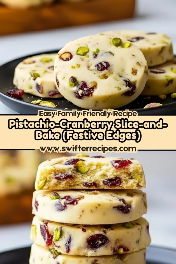 Cranberry pistachio shortbread cookies shown as slice and bake rounds stacked on a plate with visible red cranberries and green pistachios.