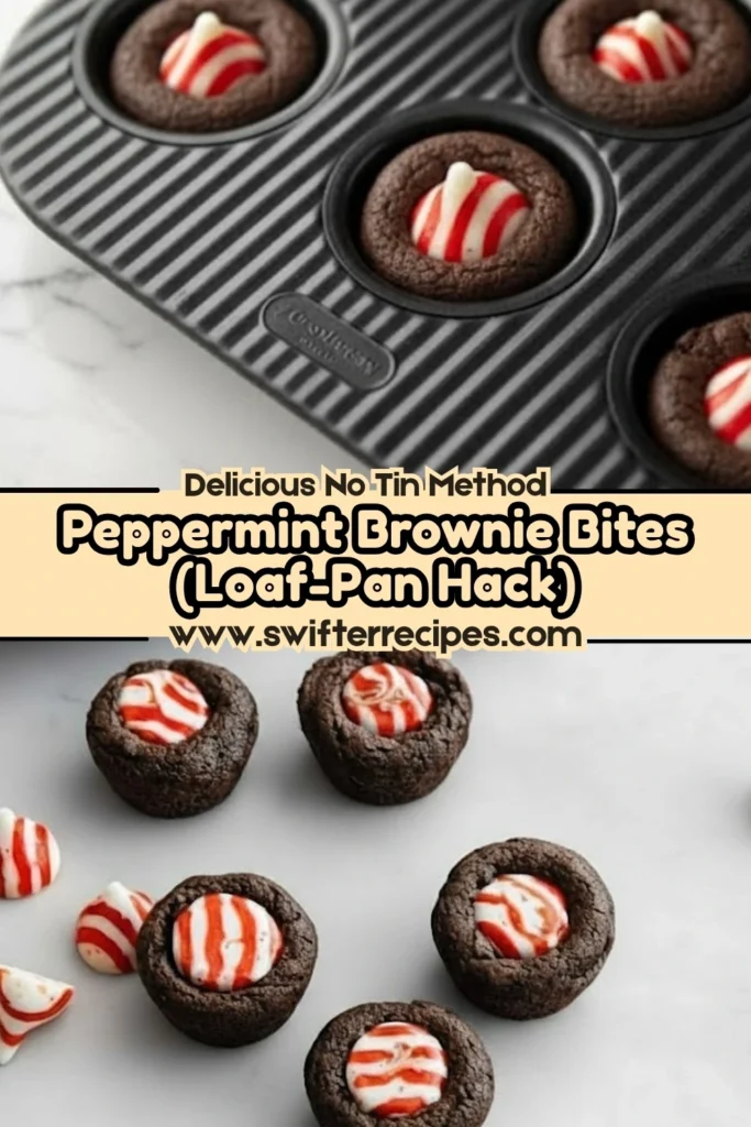 Peppermint Brownie Bites made with a loaf-pan hack, shown in a nonstick pan and arranged on a marble surface with peppermint candies.