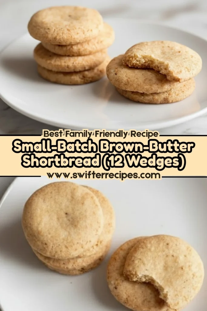 Brown butter shortbread cookies stacked on white plates with one cookie showing a bite, featuring a banner that reads small-batch brown-butter shortbread.