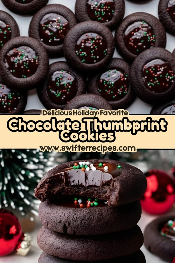 Holiday graphic showing chocolate thumbprint cookies with sprinkles and a stack of cookies in front of Christmas decorations
