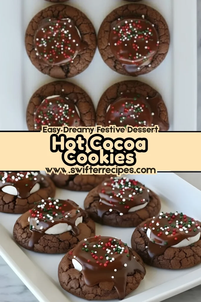 Hot cocoa cookies with marshmallow centers and chocolate icing topped with festive sprinkles displayed on a platter with a text banner reading Easy Dreamy Festive Dessert Hot Cocoa Cookies.