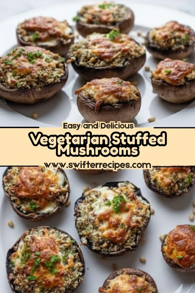 Easy and Delicious Vegetarian Stuffed Mushrooms baked with golden cheese and herbs on a white plate www.swifterrecipes.com