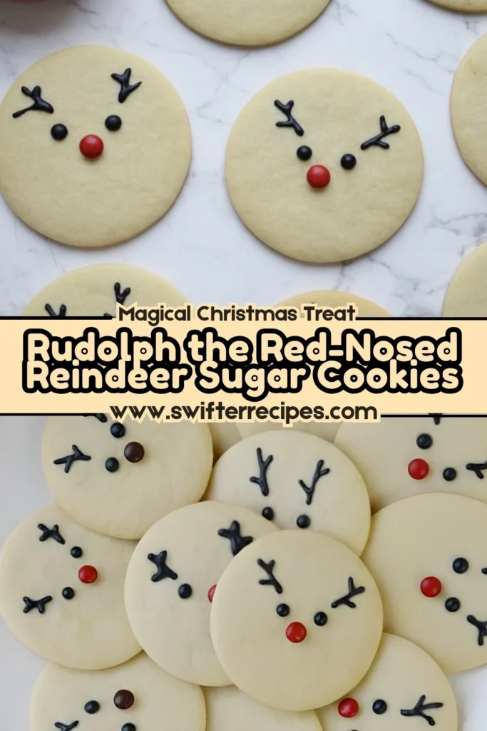 Rudolph the Red-Nosed Reindeer sugar cookies with chocolate antlers and red noses arranged on marble and white plates with holiday text overlay