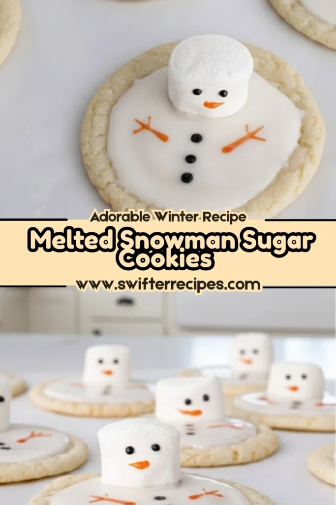 Melted Snowman Sugar Cookies decorated with marshmallow snowmen and icing details, labeled as an adorable winter recipe from swifterrecipes.com.