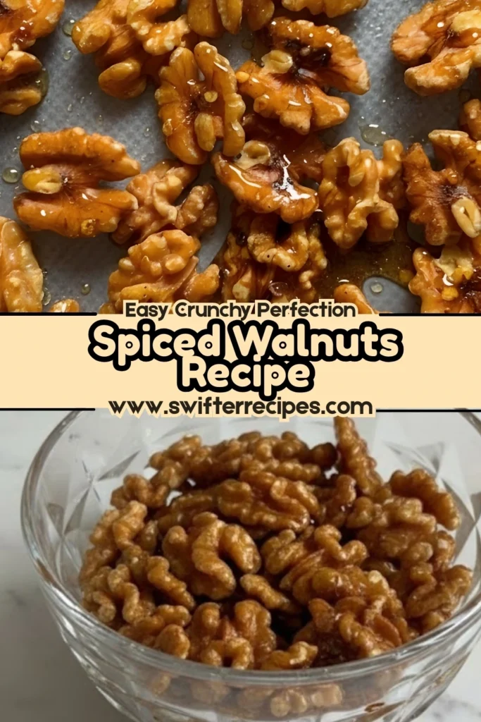 Homemade spiced walnuts glazed with maple syrup and chili flakes on a baking tray and served in a glass bowl
