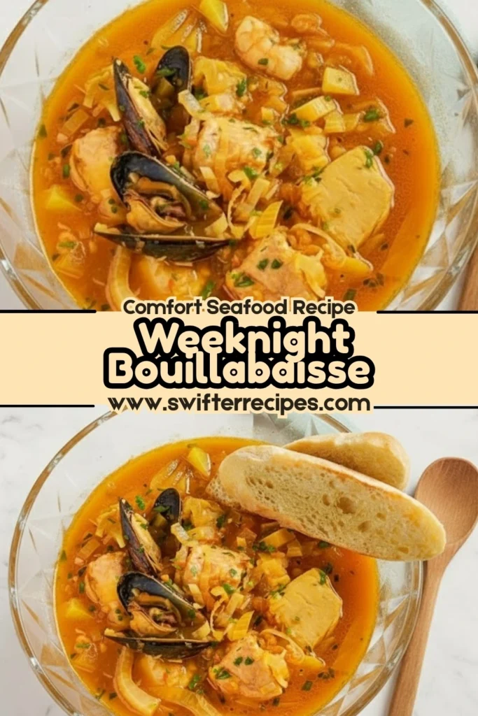 Bowl of Weeknight Bouillabaisse with mussels, shrimp, and fish in a saffron tomato broth, served with toasted bread slices on marble background