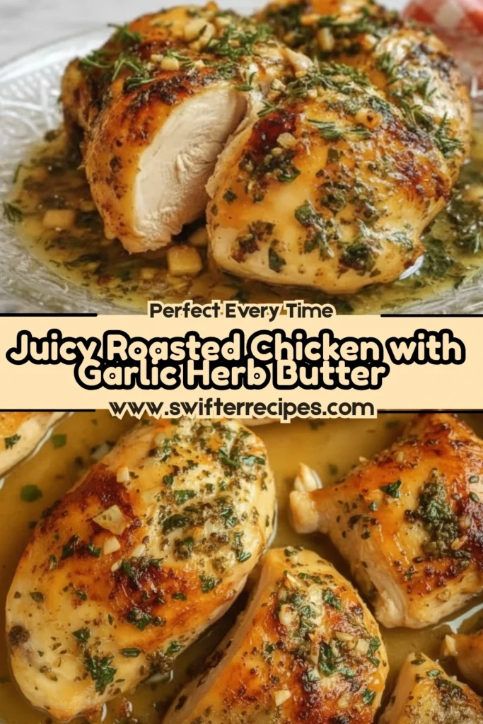 Juicy roasted chicken with garlic herb butter on a glass plate, perfectly golden and tender, labeled Perfect Every Time from Swifter Recipes.