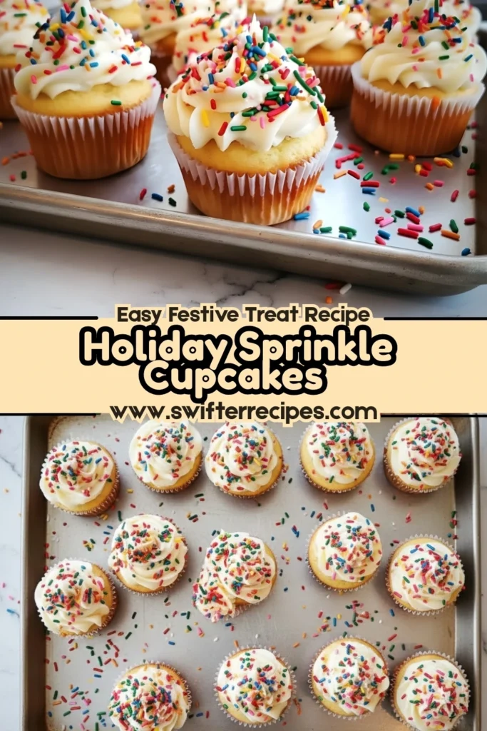 Holiday sprinkle cupcakes with creamy vanilla frosting and colorful sprinkles on a baking tray, labeled easy festive treat recipe from swifterrecipes.com.
