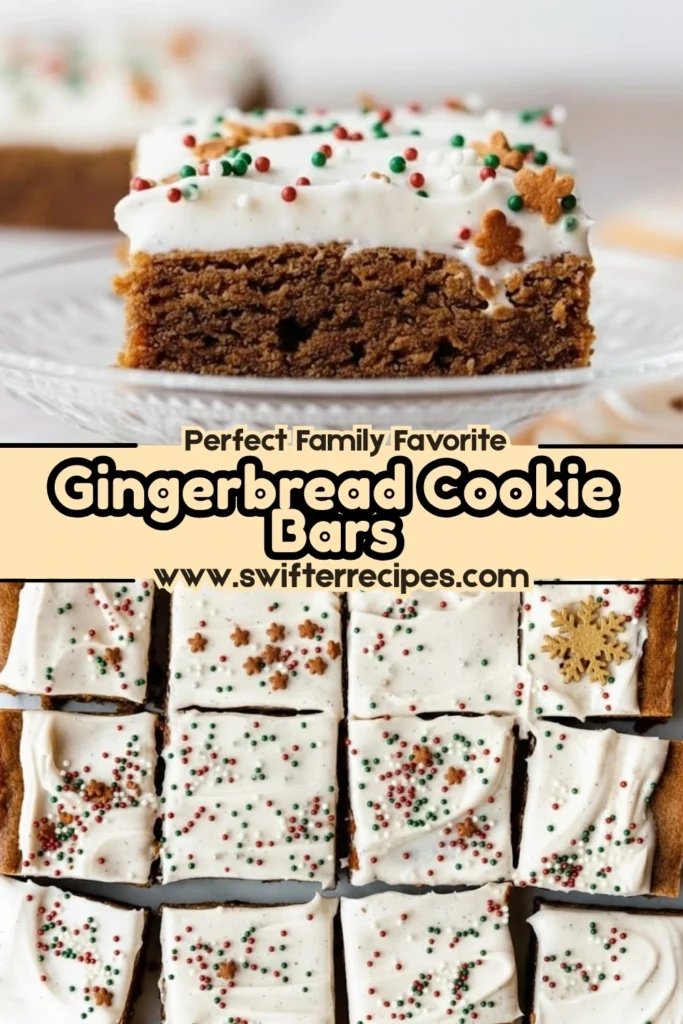 Gingerbread cookie bars with cream cheese frosting and festive sprinkles, labeled “Perfect Family Favorite” on www.swifterrecipes.com