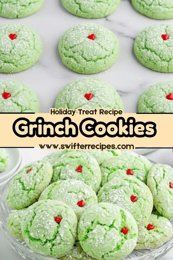 Easy Grinch Cookies arranged on a baking sheet and in a glass bowl, dusted with powdered sugar and topped with red heart sprinkles, labeled “Holiday Treat Recipe.”