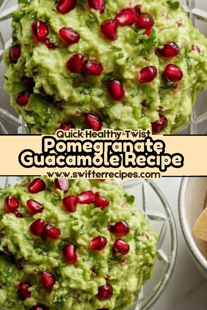 Quick healthy pomegranate guacamole recipe with creamy avocado dip, fresh cilantro, and juicy red pomegranate seeds served in a glass bowl.