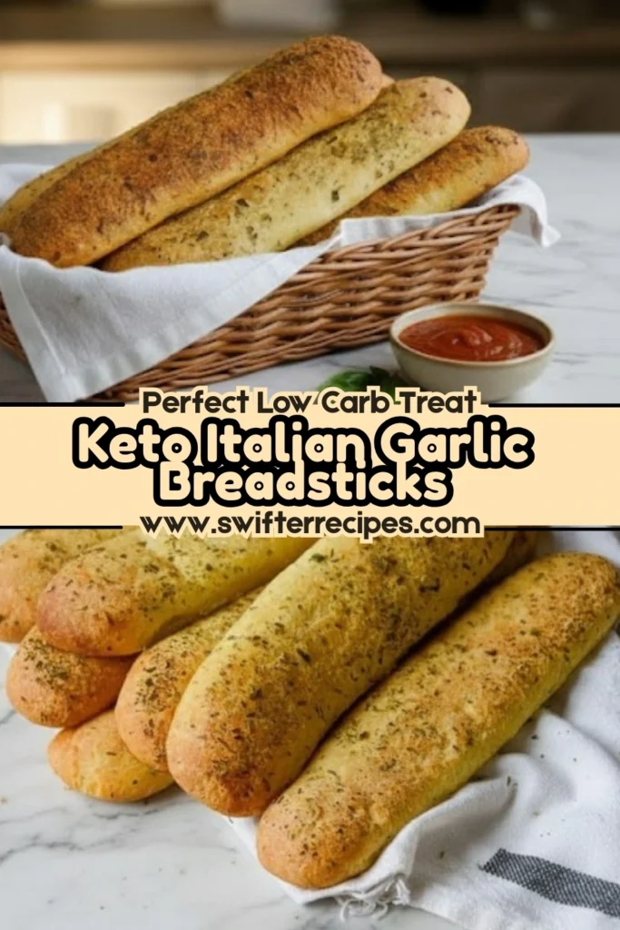 Keto Italian garlic breadsticks in a wicker basket with marinara sauce and herbs, golden low-carb breadsticks on white marble surface.