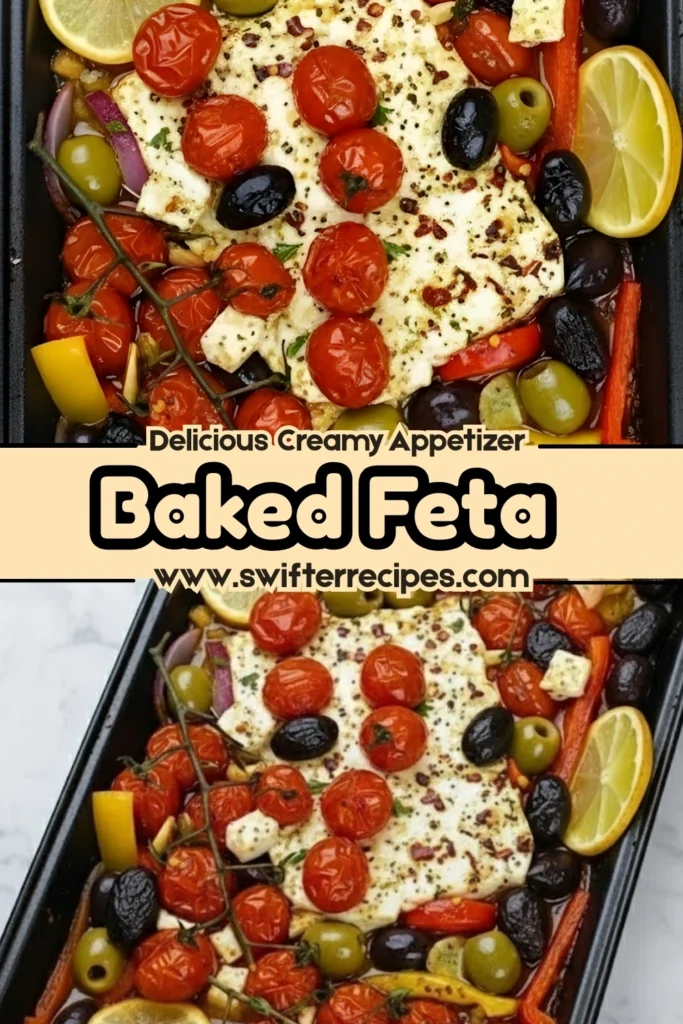 Baked feta with roasted cherry tomatoes, olives, and lemon slices in olive oil, a creamy Mediterranean appetizer full of flavor.