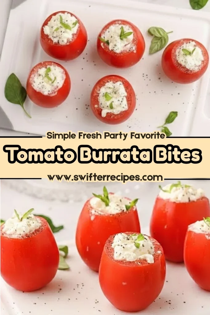 Tomato Burrata Bites filled with creamy burrata cheese and basil on a white tray, simple fresh party appetizer featured on swifterrecipes.com.