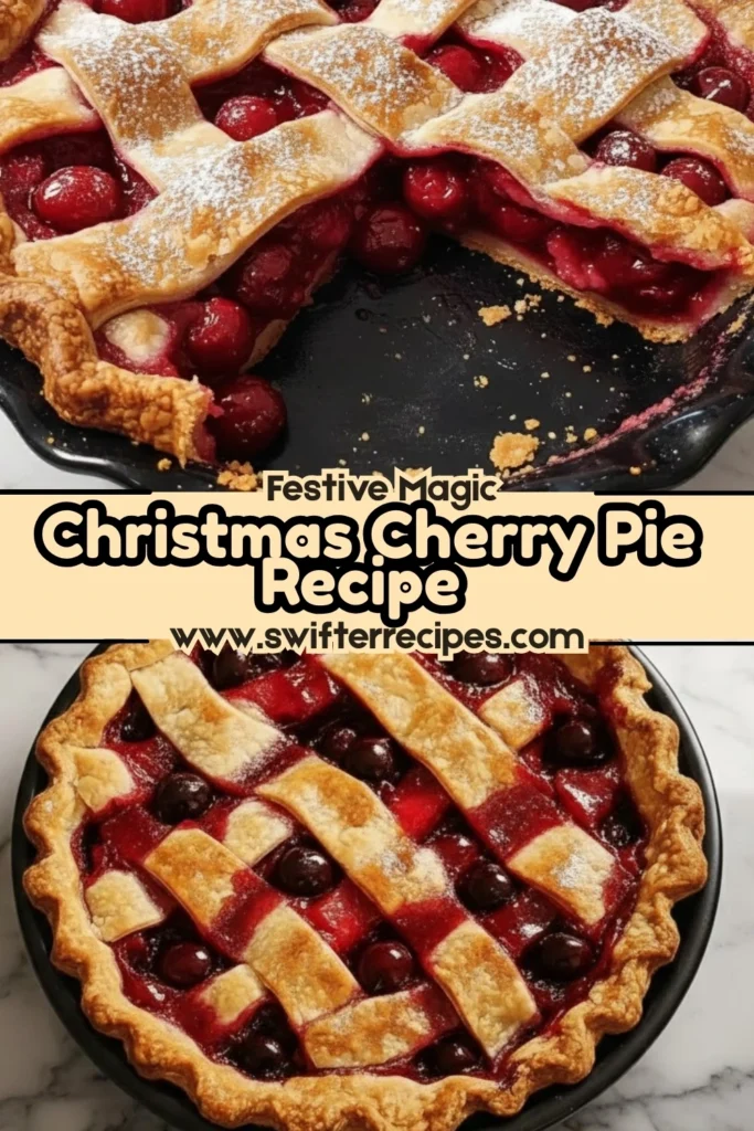 Festive Best Christmas Cherry Pie Recipe with golden lattice crust and juicy red cherry filling in a holiday-themed setting from Swifter Recipes