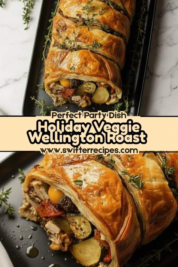 Golden-baked Holiday Veggie Wellington Roast filled with colorful roasted vegetables and herbs, served on a black baking tray with thyme garnish.