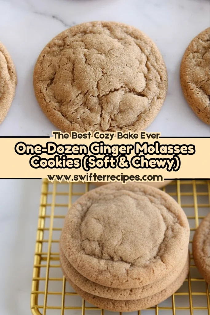 Soft and chewy ginger molasses cookies shown on a cooling rack with a recipe title overlay for an easy one-dozen cookie bake