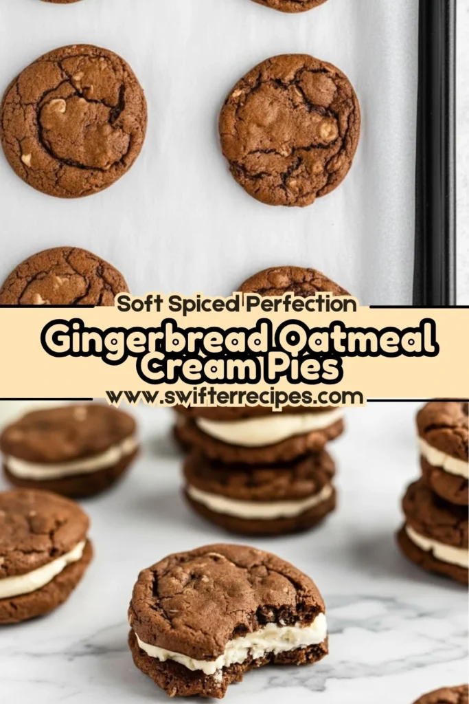 Freshly baked gingerbread oatmeal cream pies on parchment and marble, filled with creamy vanilla frosting, soft, spiced, and perfect for holidays.