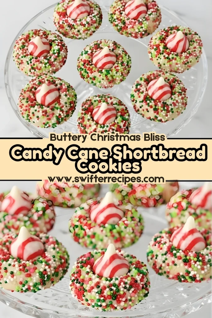 Candy Cane Shortbread Cookies with Peppermint Kisses and Holiday Sprinkles