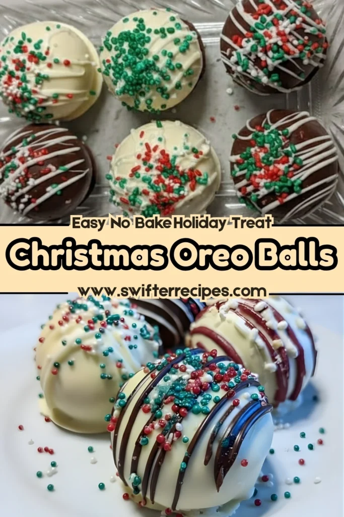 Christmas Oreo Balls displayed on a tray and plate, coated in white and dark chocolate with red and green holiday sprinkles and a festive label
