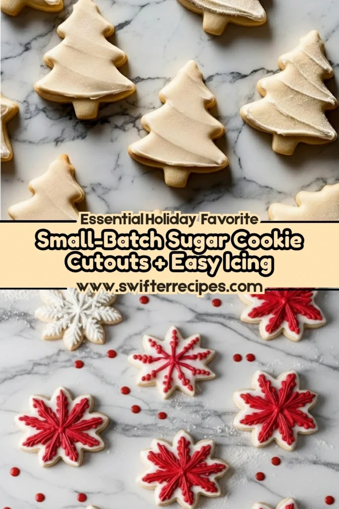 small batch sugar cookie cutouts with easy icing holiday tree and snowflake cookies on marble background