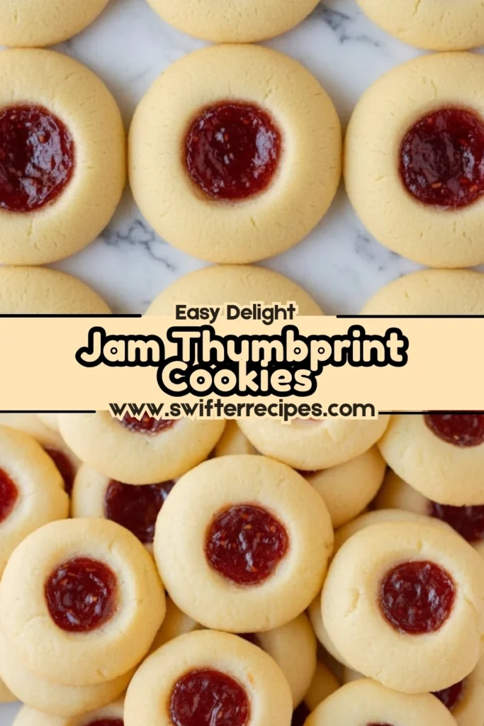 raspberry shortbread thumbprint cookies on a plate with a recipe title banner reading jam thumbprint cookies from swifterrecipes