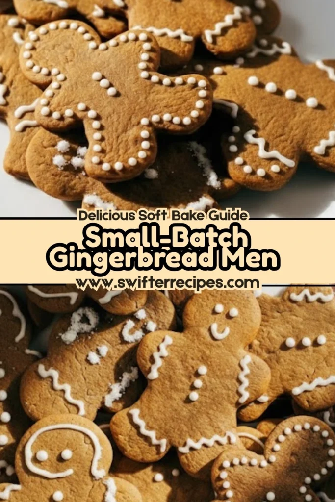 Small batch gingerbread men cookies graphic with decorated soft baked gingerbread on a plate