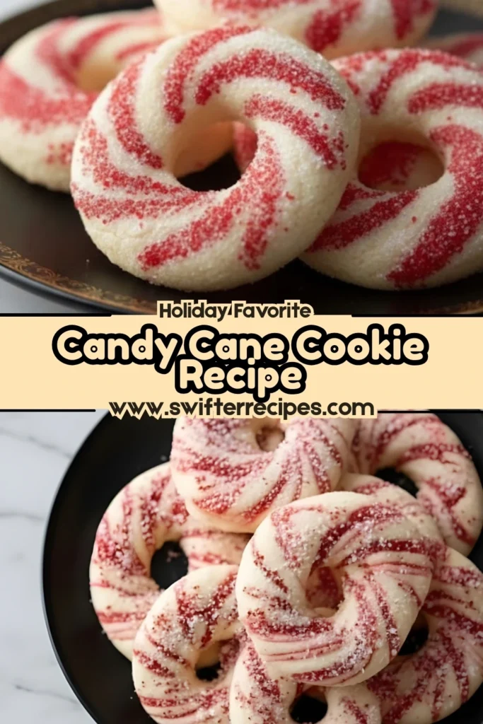 Candy cane cookies with red and white swirled dough, sprinkled with sugar, arranged on dark plates with a holiday text banner.