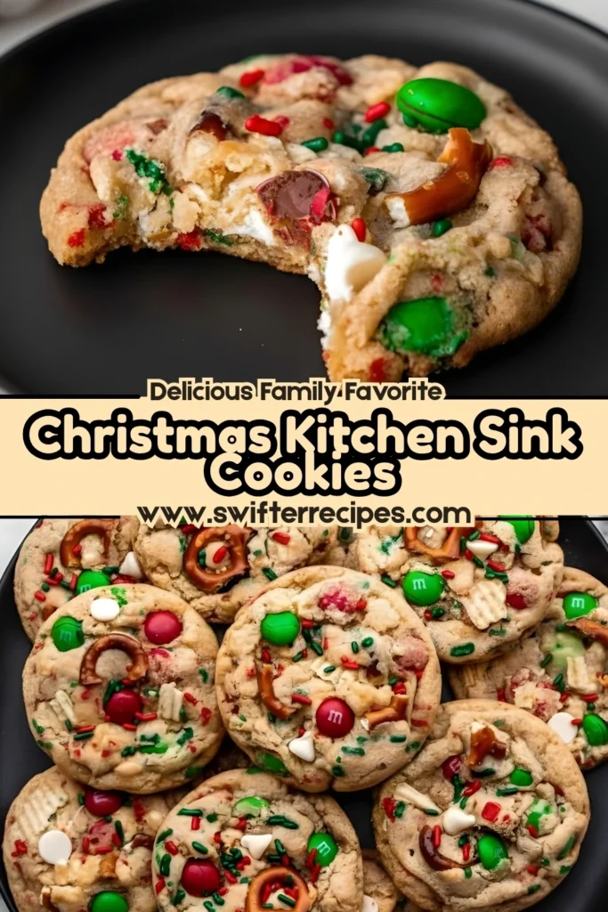 Close-up of Christmas Kitchen Sink Cookies with M&Ms, pretzels, white chocolate chips, and festive sprinkles on a black plate