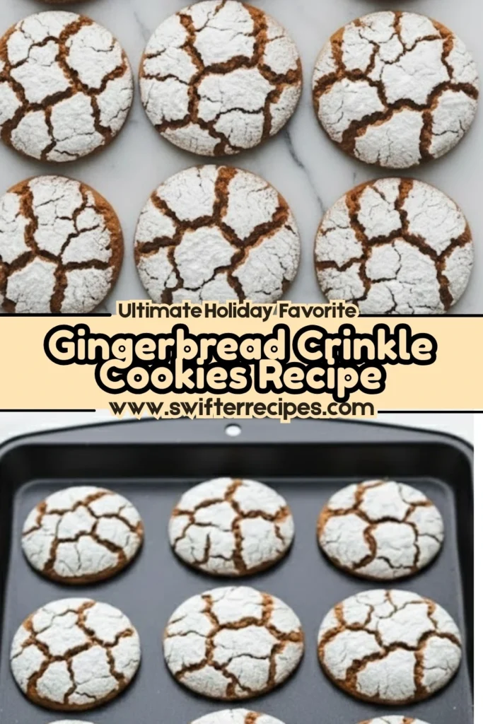 Gingerbread crinkle cookies graphic featuring powdered sugar cookies on marble and a baking pan with a recipe title banner.