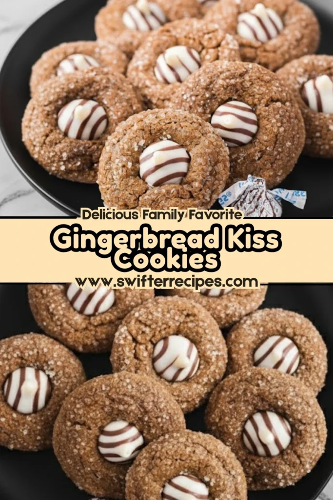 Christmas Kitchen Sink Cookies with gingerbread flavor and striped Hershey’s Kisses on a black plate