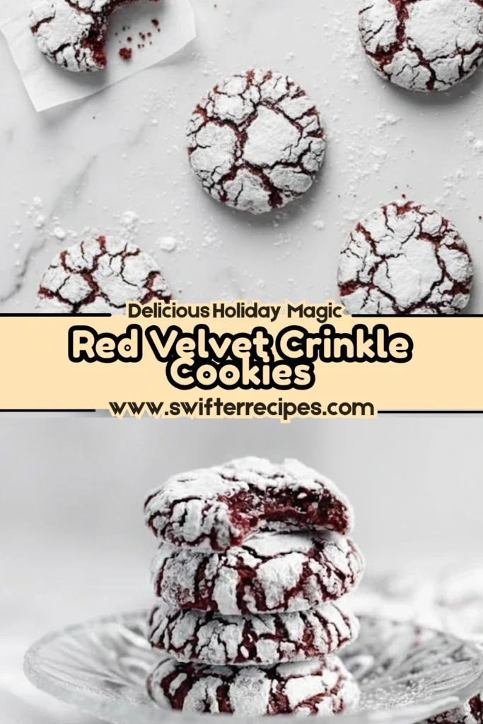 Red velvet crinkle cookies stacked and scattered on marble, dusted with powdered sugar, featuring rich red centers and cracked tops