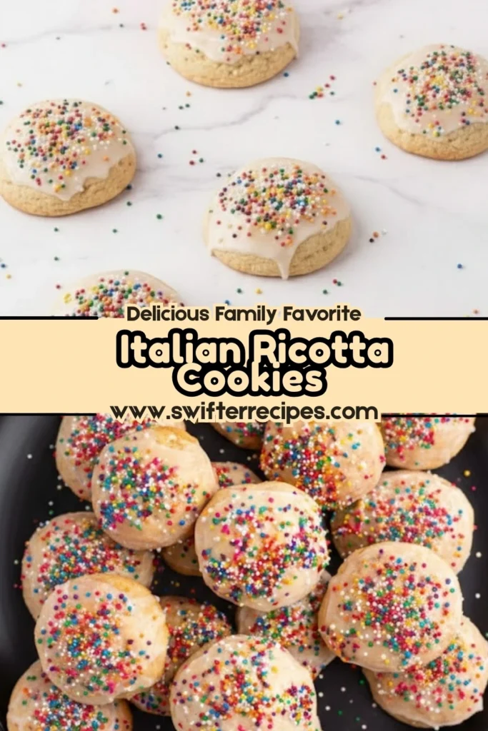 Italian Ricotta Cookies with glaze and colorful sprinkles shown in a styled recipe graphic with text banner.