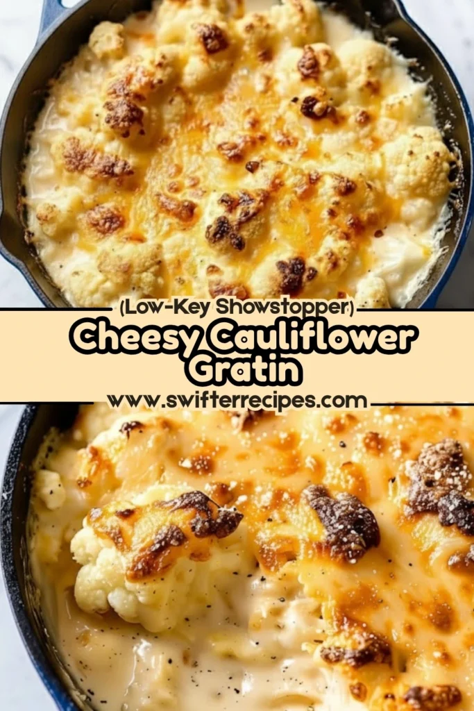 Cheesy cauliflower gratin baked until golden and bubbly in a skillet