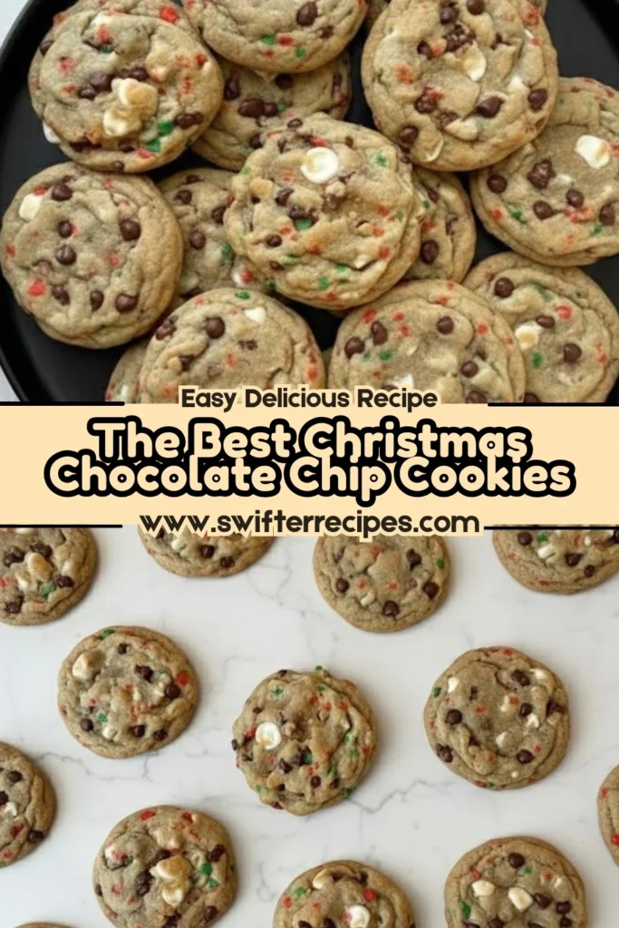 Christmas chocolate chip cookies with festive sprinkles shown on a black tray and marble background with a text banner reading The Best Christmas Chocolate Chip Cookies.