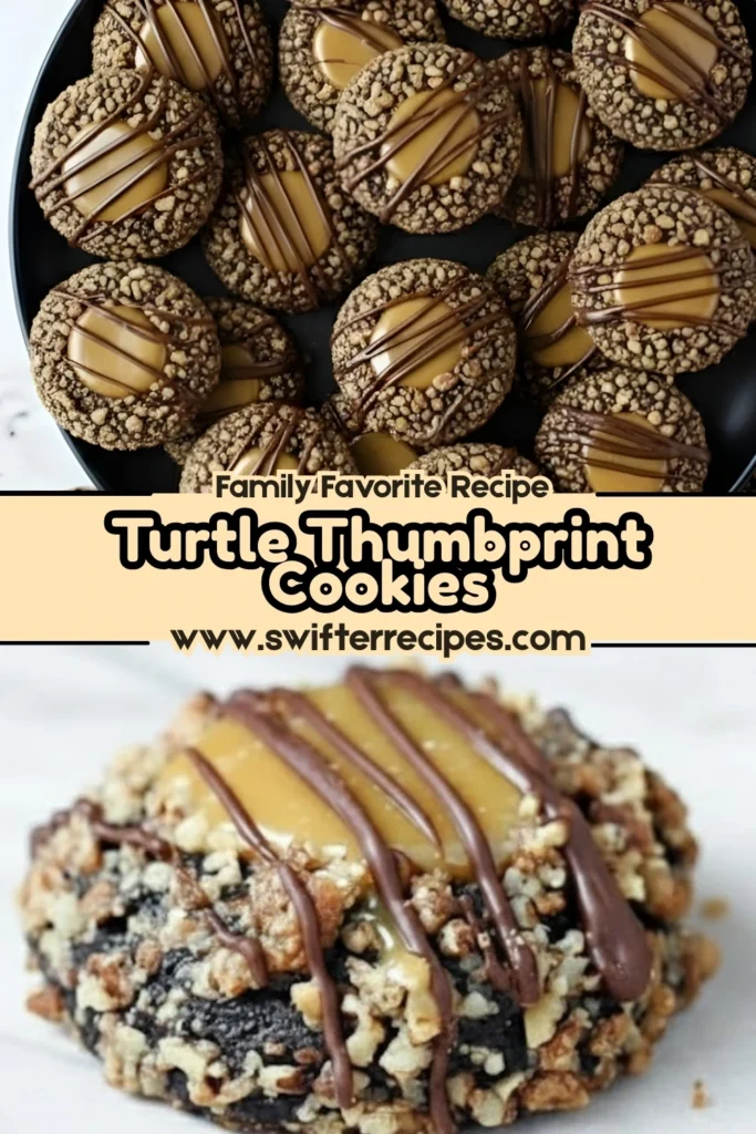 Turtle Thumbprint Cookies with caramel centers and chocolate drizzle, family-favorite holiday recipe from swifterrecipes.com