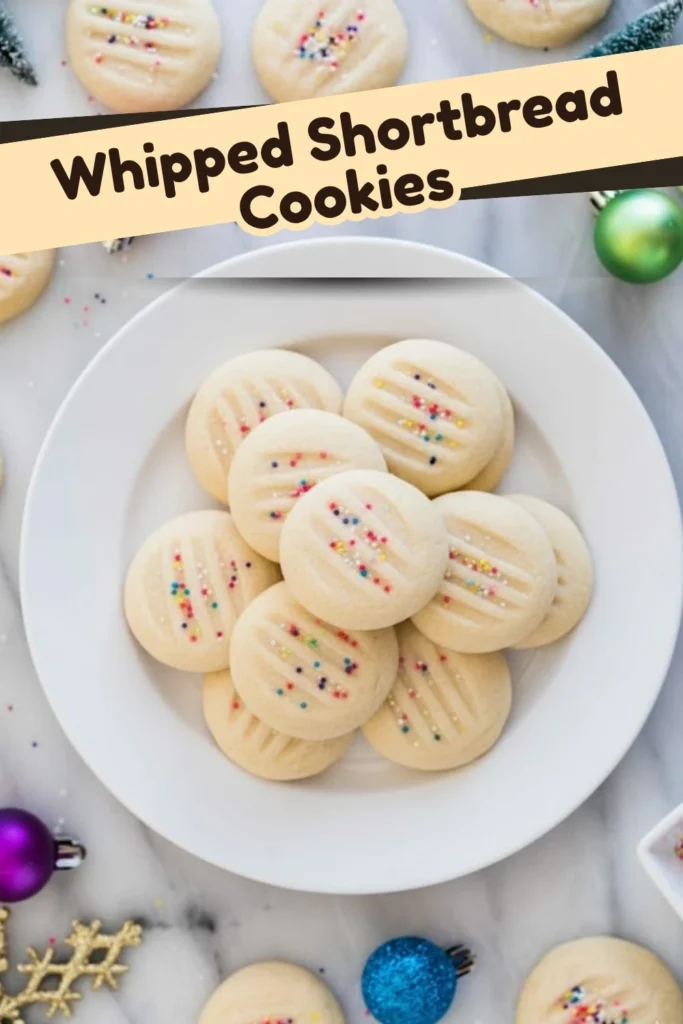 Whipped shortbread cookies on a white plate, topped with colorful sprinkles and surrounded by festive holiday decorations.