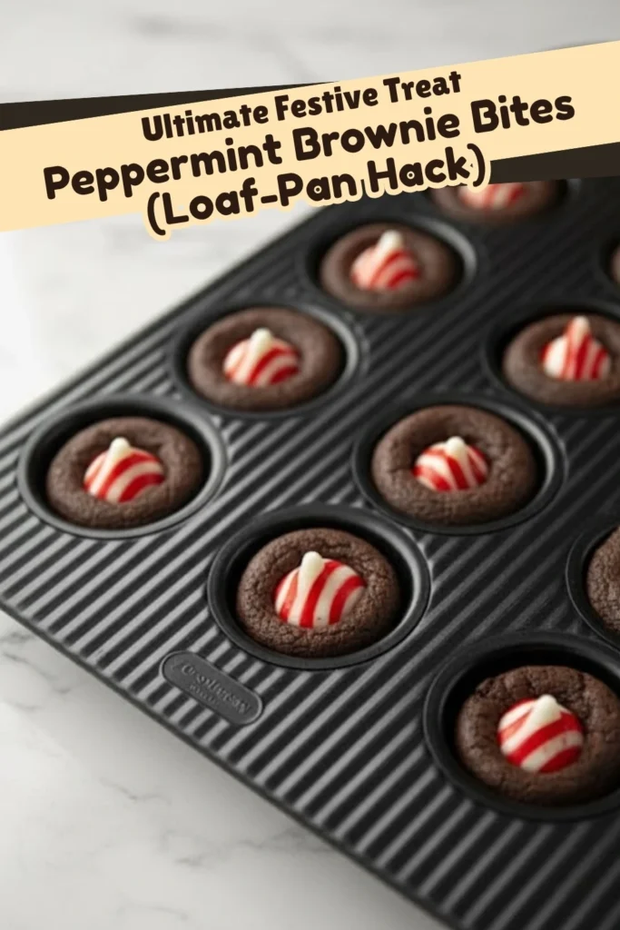 Peppermint Brownie Bites baked in a loaf-pan style mini muffin tray, each topped with a striped peppermint candy.